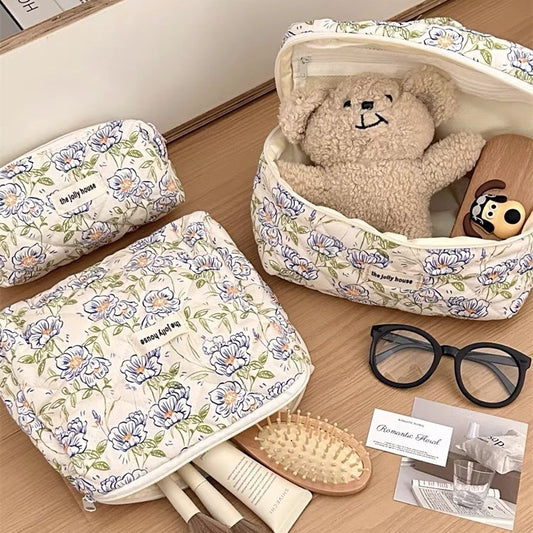Floral Quilted Cosmetic Bag, Large Capacity Portable Travel Storage Bag, Cute Ins-Style Cotton Handbag - image 2