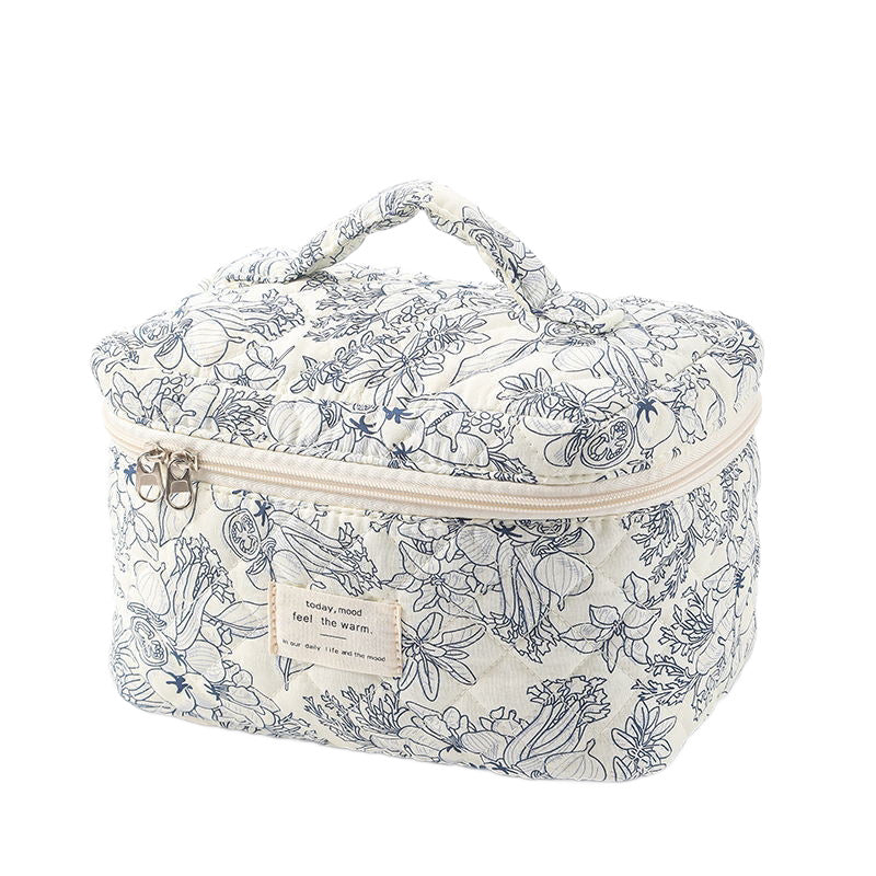 Floral Quilted Cosmetic Bag, Large Capacity Portable Travel Storage Bag, Cute Ins-Style Cotton Handbag - image 5