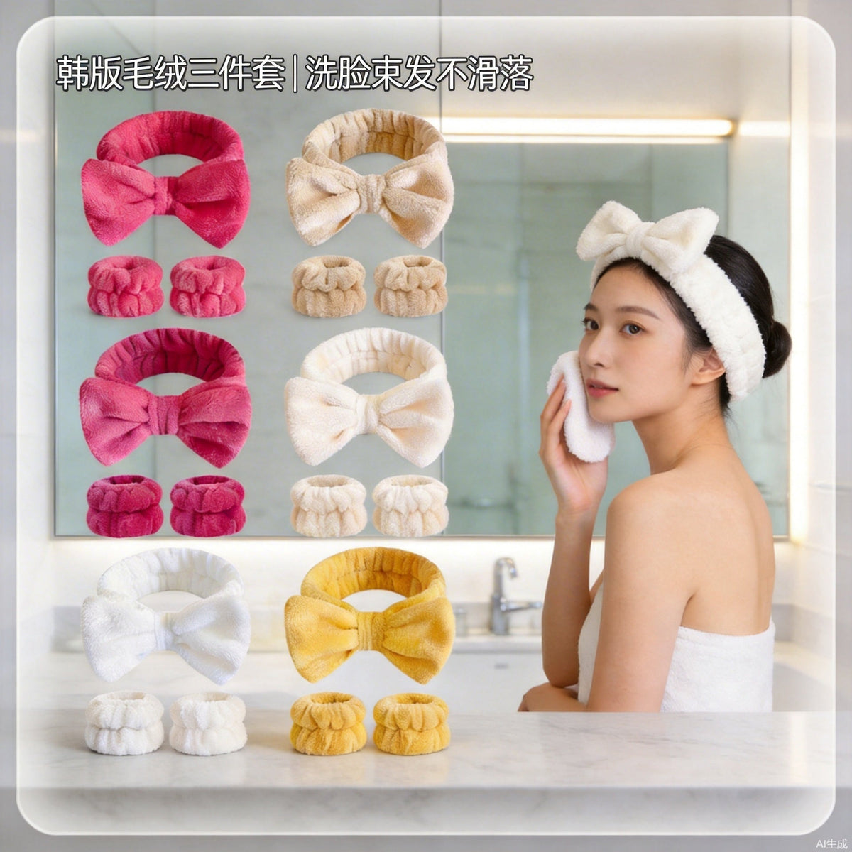 Cross-Border Popular Bowknot Face Wash Wristband and Hairband Set, Plush Hairband, Women's Hair Accessories, Direct Sales from the Manufacturer - image 1