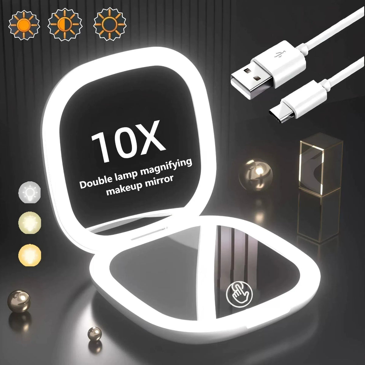 Cross-Border Magnetic Suction Hot-Selling Model, Foldable Portable Handheld Beauty Mirror with 10X Magnification, Square Dual Led Light Vanity Mirror - image 1