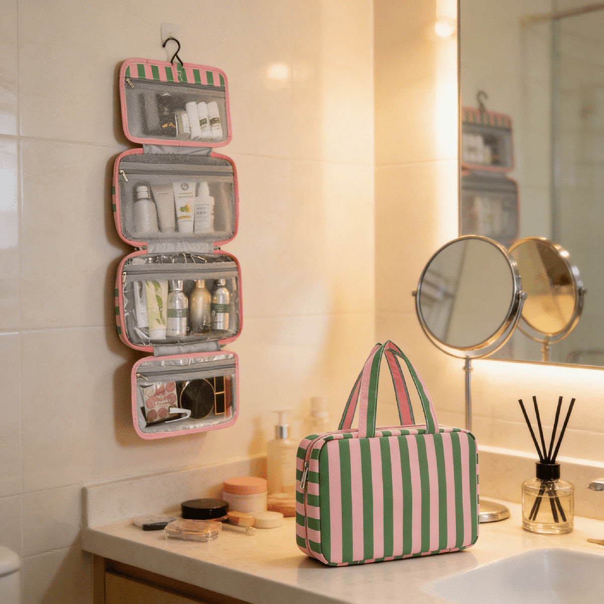 Cross-Border Bestseller 60% off Foldable Wet and Dry Separation Toiletry Bag Travel Portable Striped Makeup Bag Large Capacity Storage Bag - image 1