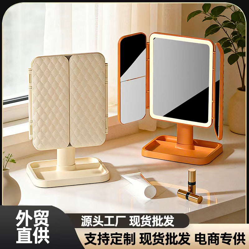 Desktop LED makeup mirror with lights, three-sided foldable magnifying table mirror for bedroom, three-color light, rotatable - image 1
