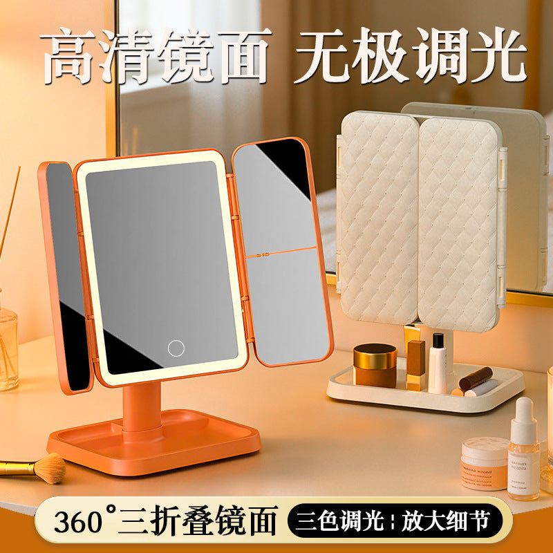 Desktop LED makeup mirror with lights, three-sided foldable magnifying table mirror for bedroom, three-color light, rotatable - image 2