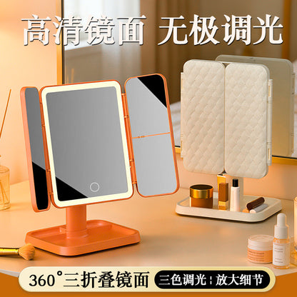 Desktop LED makeup mirror with lights, three-sided foldable magnifying table mirror for bedroom, three-color light, rotatable - image 2