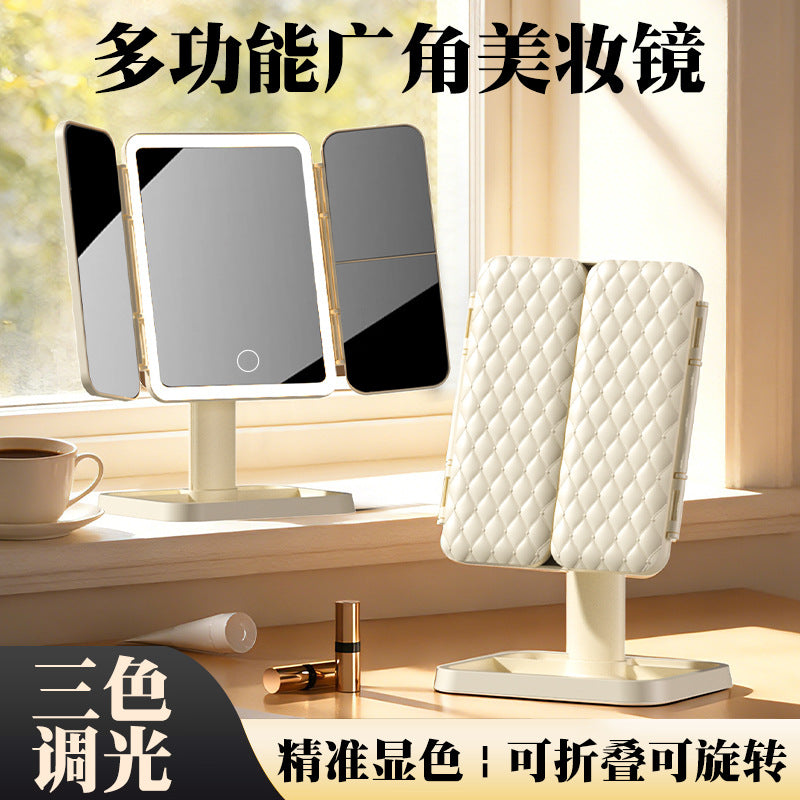 Desktop LED makeup mirror with lights, three-sided foldable magnifying table mirror for bedroom, three-color light, rotatable - image 3