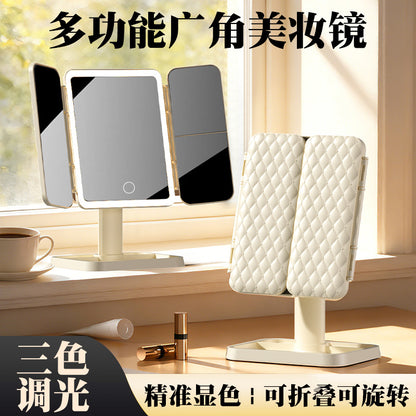 Desktop LED makeup mirror with lights, three-sided foldable magnifying table mirror for bedroom, three-color light, rotatable - image 3