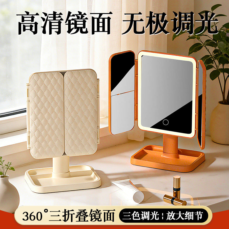 Desktop LED makeup mirror with lights, three-sided foldable magnifying table mirror for bedroom, three-color light, rotatable - image 4