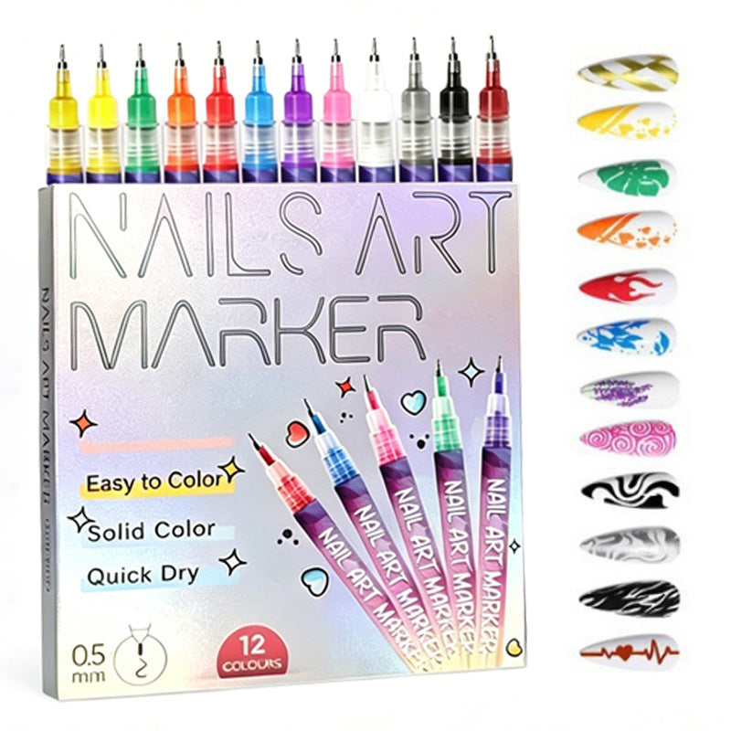 Cross-Border 12-Color DIY Nail Art Pens, Multi-Color Nail Pens, Graffiti Pens, Quick-Drying Watercolor Pen Set, Marker Pens - image 1