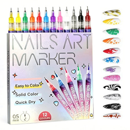 Cross-Border 12-Color DIY Nail Art Pens, Multi-Color Nail Pens, Graffiti Pens, Quick-Drying Watercolor Pen Set, Marker Pens - image 1
