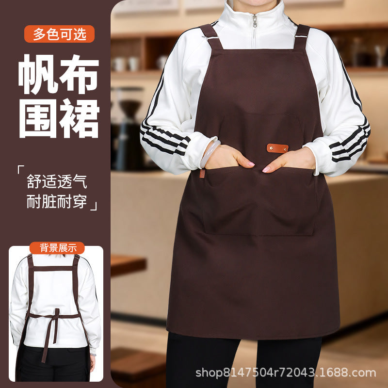 Canvas Dust-Proof and Stain-Resistant Apron with Straps for Kitchen, Milk Tea Shop, Nail Salon, Catering Workwear, Printed Apron for Women - image 1