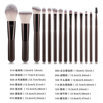 Factory Direct Sales Convenient 14-Piece Short-Handle Coffee-Colored Makeup Brush Set, Powder Brush, Eyeshadow Brush, Foundation Brush in Stock - image 5