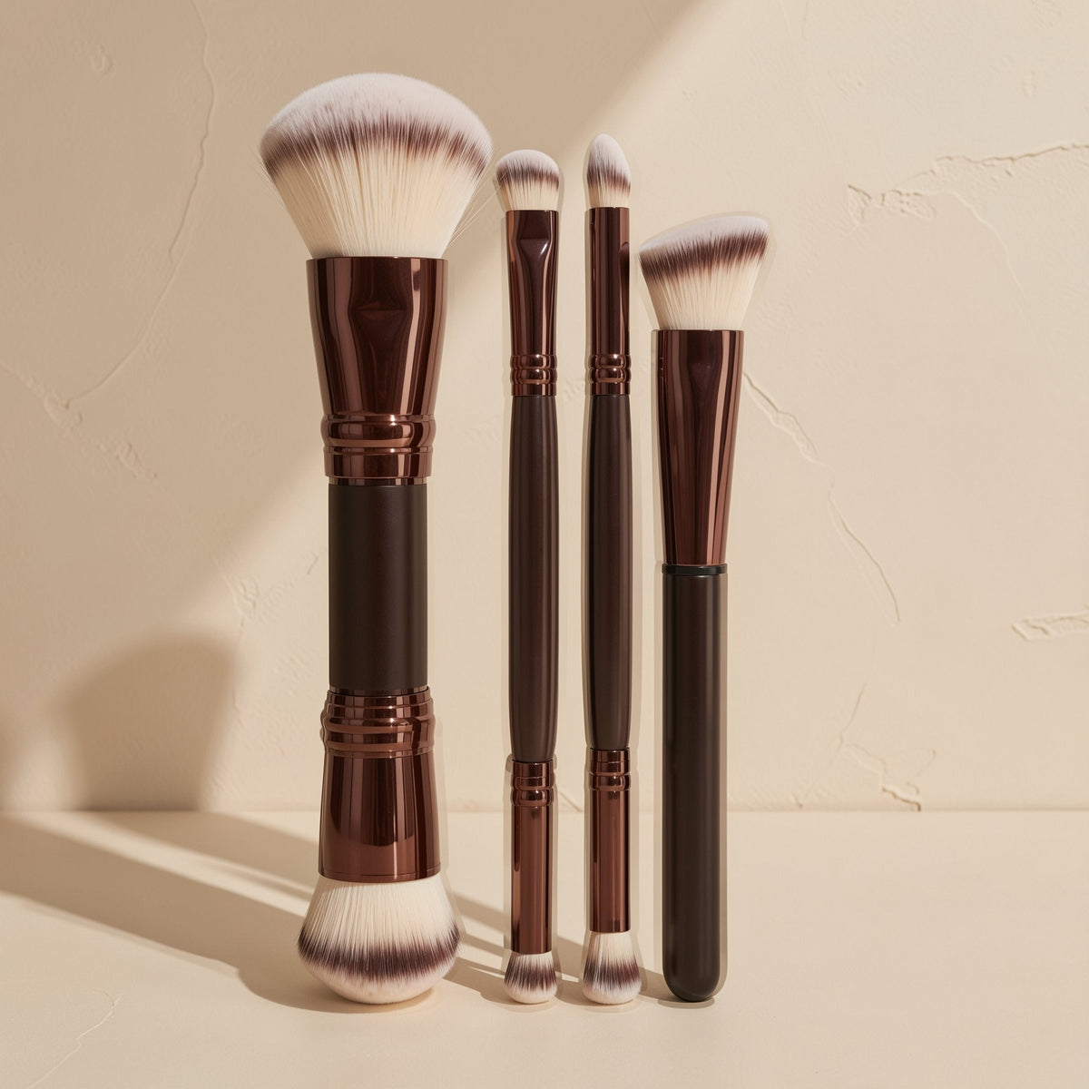 Coffee brown double-ended makeup brushes with plastic handles