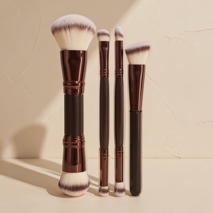 Coffee brown double-ended makeup brushes with plastic handles