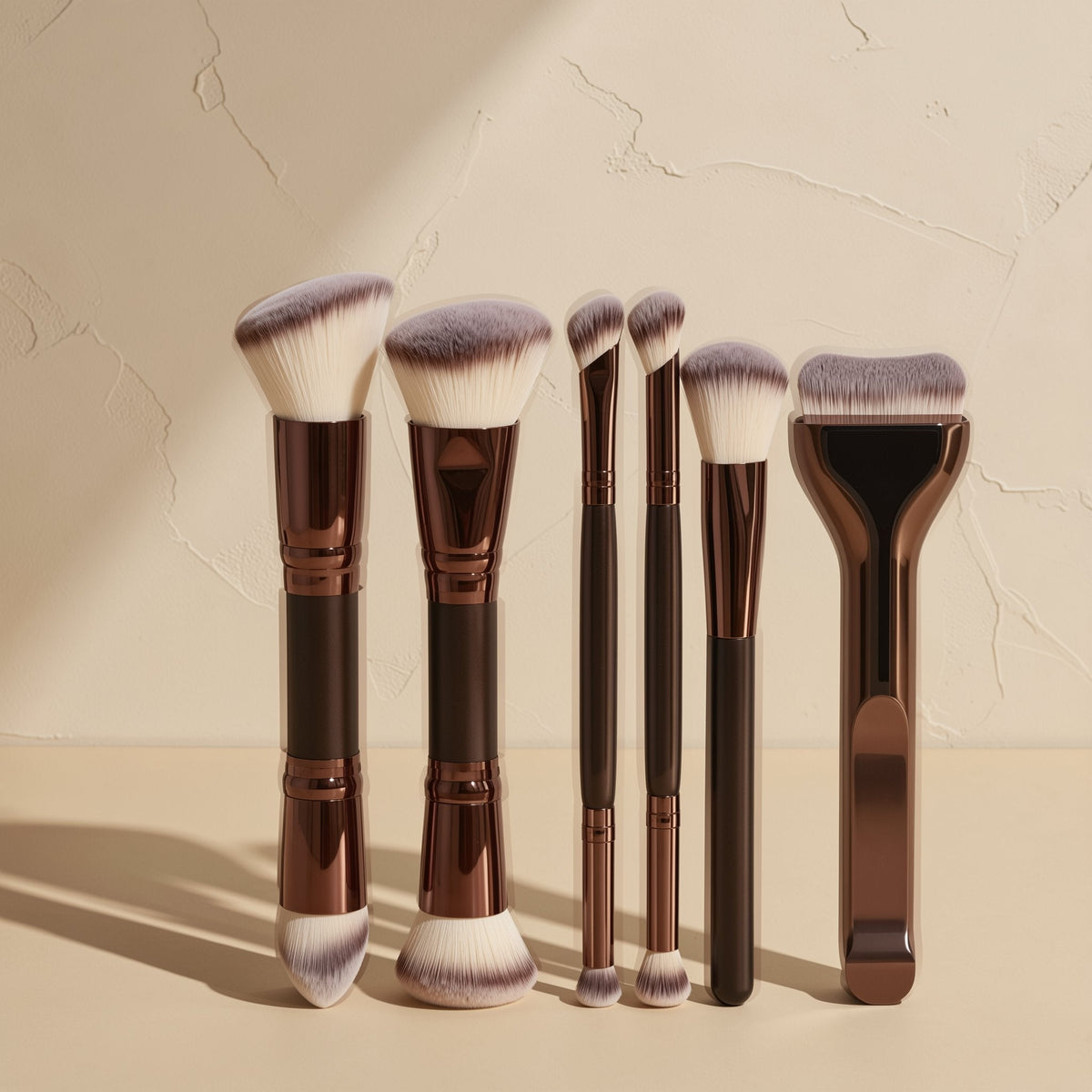 Coffee brown double-ended makeup brushes with plastic handles - view 2