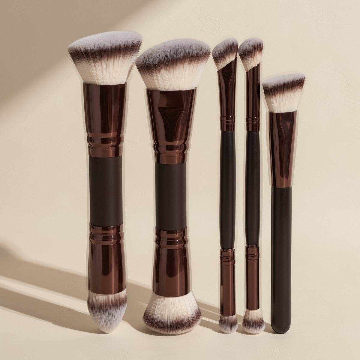 Coffee brown double-ended makeup brushes with plastic handles - view 4