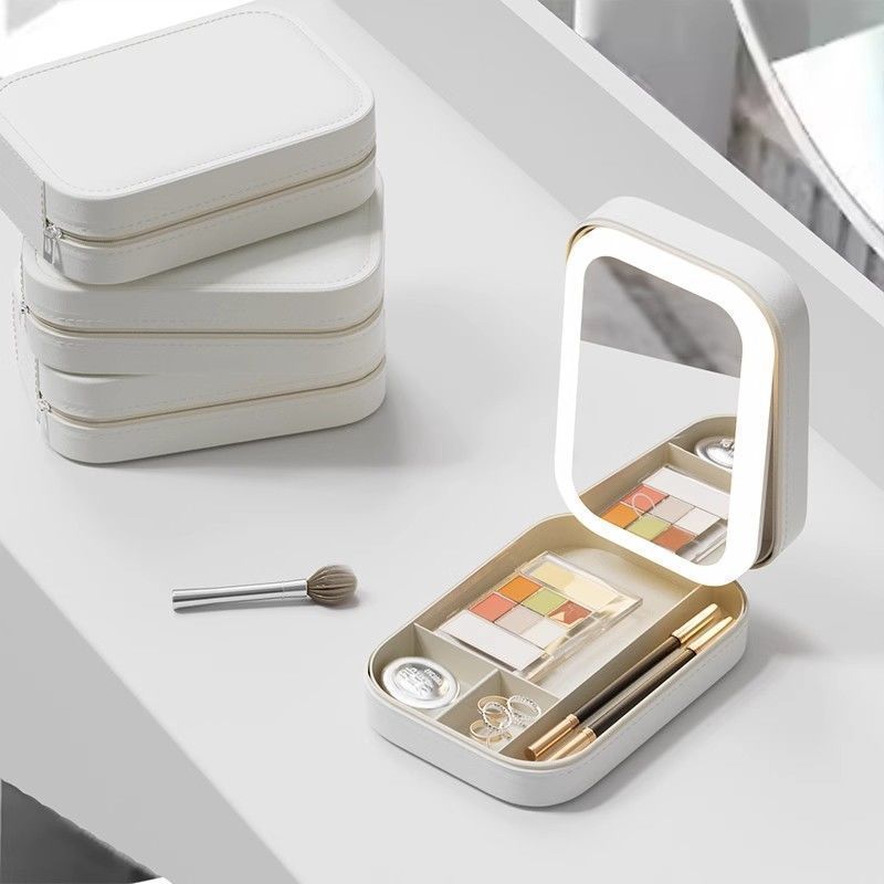 Led Three-Color Fill-Light Makeup Mirror Storage Box, Portable Pu Jewelry and Cosmetics All-In-One Storage, Portable Beauty Mirror Box - image 2