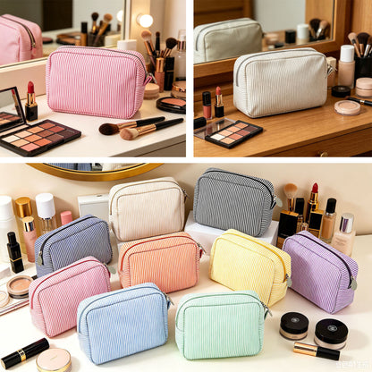 Cross-Border European and American Style Fine Striped Seersucker Large Indian-Style Trendy Storage Makeup Bag - image 1