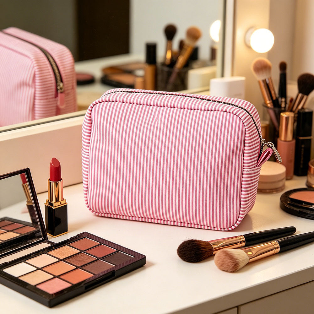 Cross-Border European and American Style Fine Striped Seersucker Large Indian-Style Trendy Storage Makeup Bag - image 3
