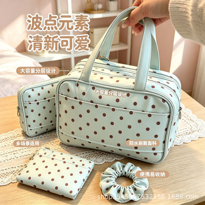 Polka Dot Portable Handheld Makeup Bag, Extra Large Capacity, Three-Layer Storage Bag, Waterproof Travel Toiletry Bag, Cute and Stylish - image 1