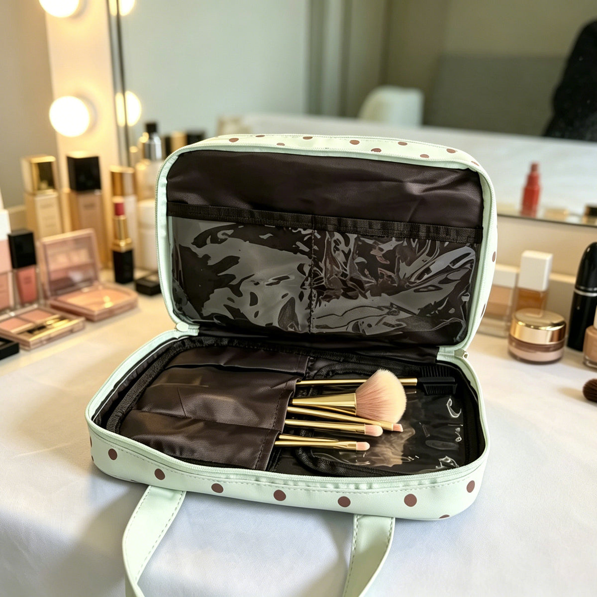 Polka Dot Portable Handheld Makeup Bag, Extra Large Capacity, Three-Layer Storage Bag, Waterproof Travel Toiletry Bag, Cute and Stylish - image 3