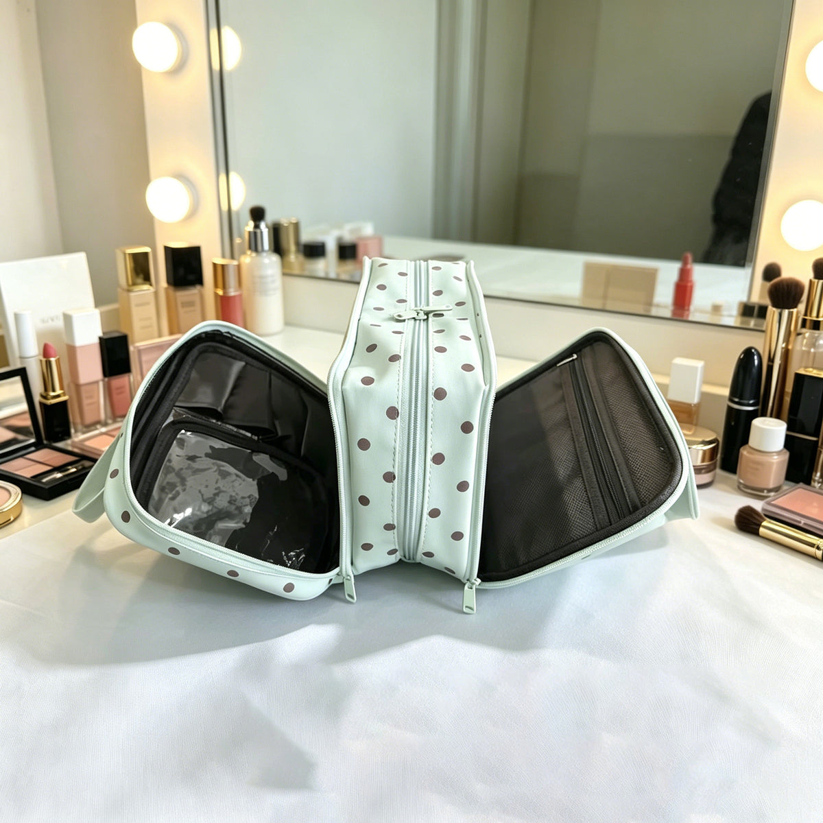 Polka Dot Portable Handheld Makeup Bag, Extra Large Capacity, Three-Layer Storage Bag, Waterproof Travel Toiletry Bag, Cute and Stylish - image 4