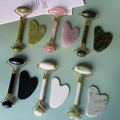 Cross-border jade roller massager, heart-shaped gua sha set made of shouyu jade, double-headed roller stick for facial and neck massage - image 3
