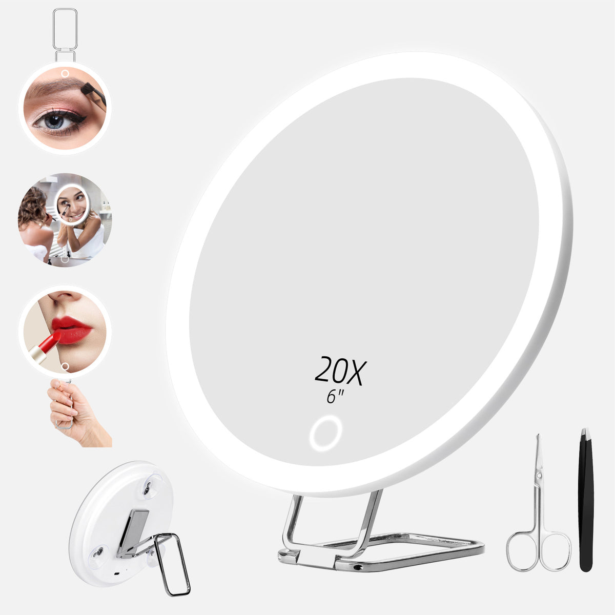 15cm diameter, 20x/30x magnification, suction cup LED light strip, illuminated rotating stand, rechargeable makeup mirror - image 1