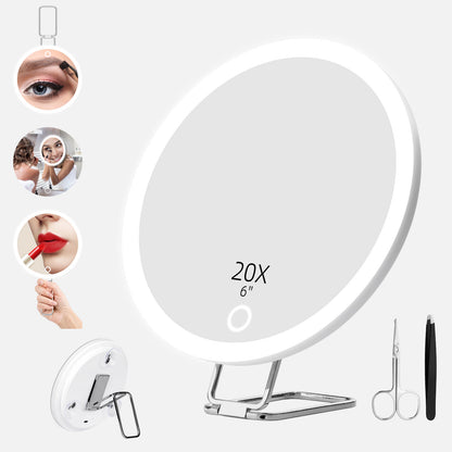 15cm diameter, 20x/30x magnification, suction cup LED light strip, illuminated rotating stand, rechargeable makeup mirror - image 1