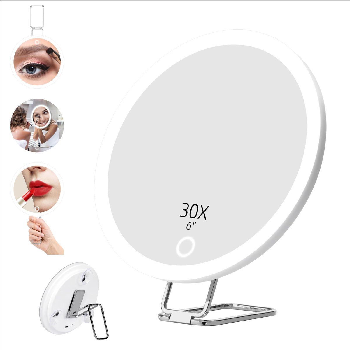 15cm diameter, 20x/30x magnification, suction cup LED light strip, illuminated rotating stand, rechargeable makeup mirror - image 5