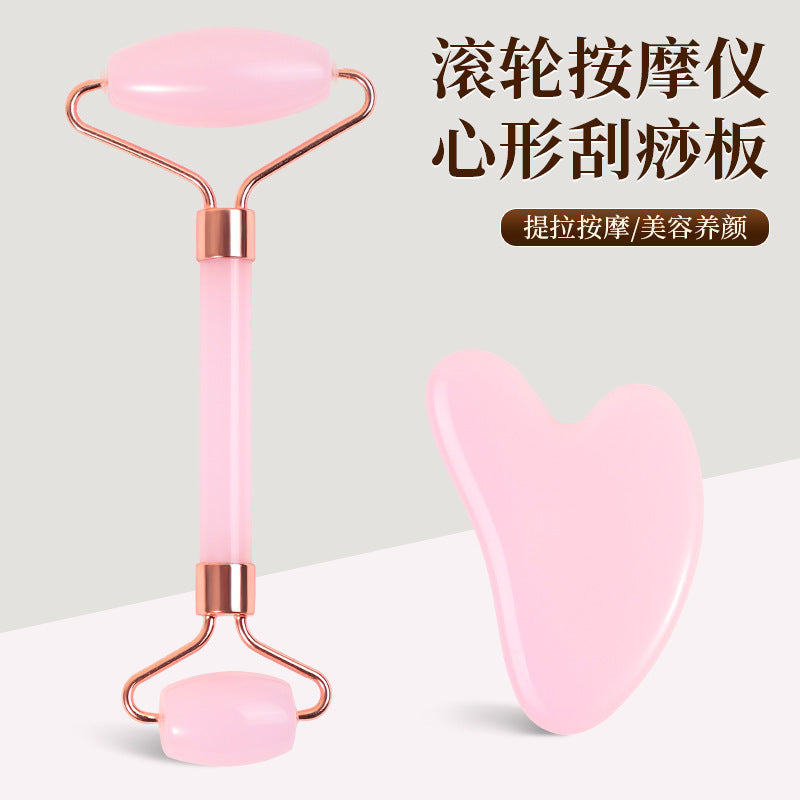 Rose Quartz Roller Massager Set, Non-Jade Facial Massage Lifting Beauty Board, Double-Headed Manual Stick Massager - image 1