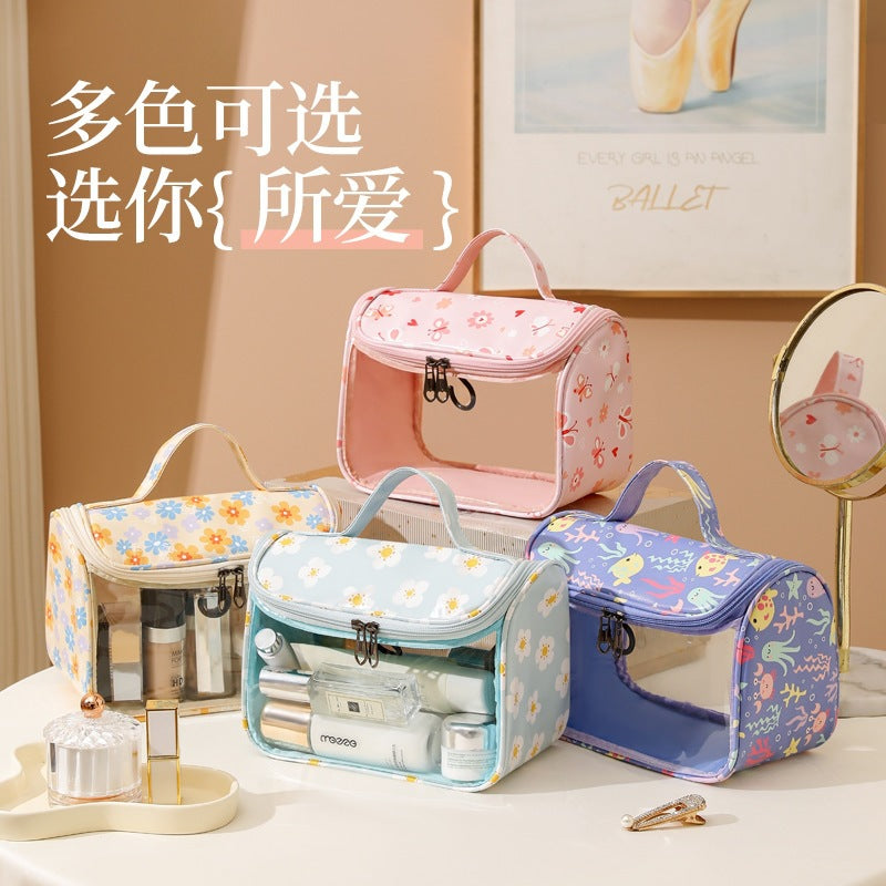 Printed transparent makeup bag, PVC waterproof flip-top toiletry bag, PU hangable handbag, travel portable storage bag - image 2