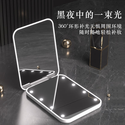 Factory Direct Supply Portable Led Makeup Mirror with Light Square Handheld Mini Luminous Small Foldableing Mirror 2 Times Magnification - image 2