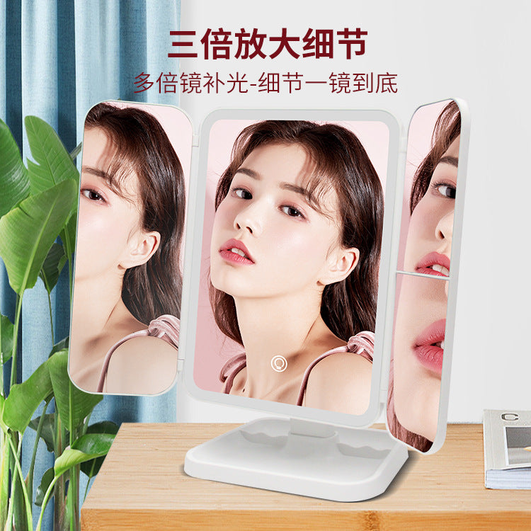Desktop Triple Fold Makeup Mirror with Lamp LED Lamp Cyber Celebrity Dressing Mirror Beauty Makeup Mirror Shell Mirror Cross Border - image 1