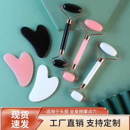 Non-Jade Resin Powder Crystal Double-Headed Roller Massager Heart-Shaped Beauty Facial Massager Set - image 1