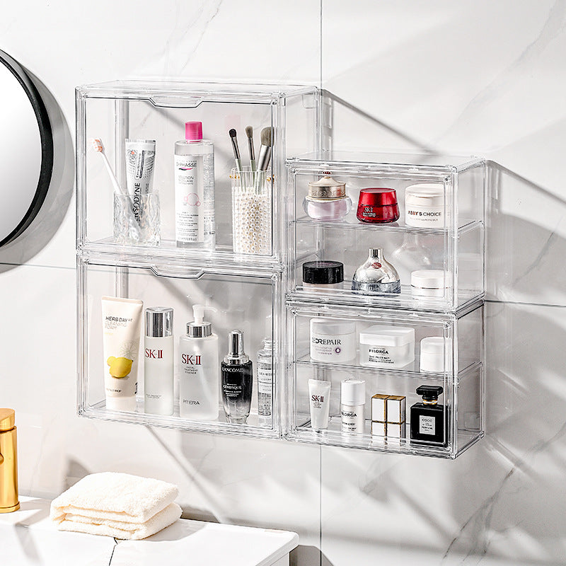 Cross-Border Hot-Selling Wall-Mounted Cosmetic Storage Box with Partitions, Transparent Desktop Combination Stackable Dust-Proof Display Box - image 3