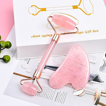 Amazon's Best-Selling Rose Quartz Jade Double-Headed Roller Massager Heart-Shaped Facial and Eye Massage Gua Sha Combination Set - image 2
