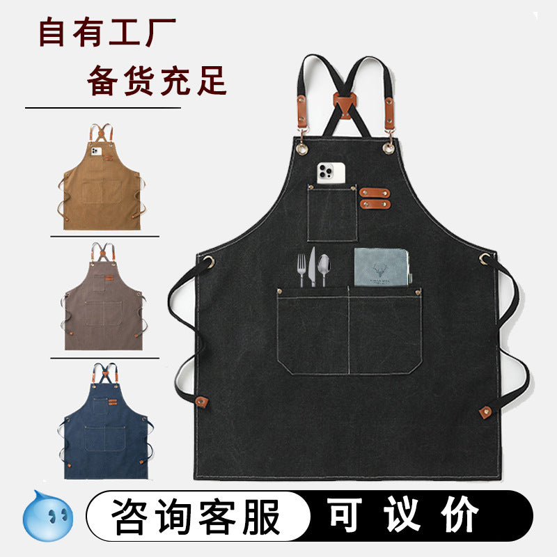 Cross-Border Thickeneded Canvas Cotton Apron with Custom Printed Logo Coffee Nail Salon Amazon Foreign Trade Export Apron - image 1