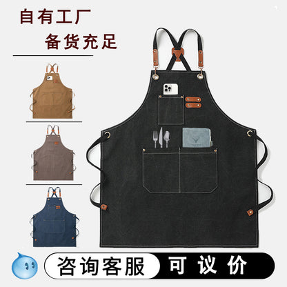 Cross-Border Thickeneded Canvas Cotton Apron with Custom Printed Logo Coffee Nail Salon Amazon Foreign Trade Export Apron - image 1