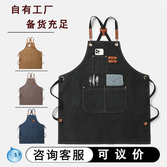Cross-Border Thickeneded Canvas Cotton Apron with Custom Printed Logo Coffee Nail Salon Amazon Foreign Trade Export Apron - image 1