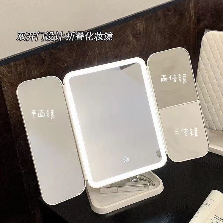 Led Desktop Shell Mirror with Three-Sided Storage Box, Foldable Makeup Mirror with Light, Adjustable Desktop Makeup Mirror - image 1