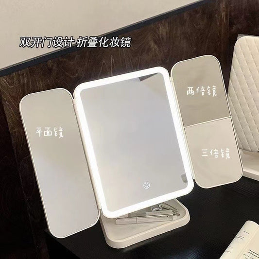 Led Desktop Shell Mirror with Three-Sided Storage Box, Foldable Makeup Mirror with Light, Adjustable Desktop Makeup Mirror - image 1
