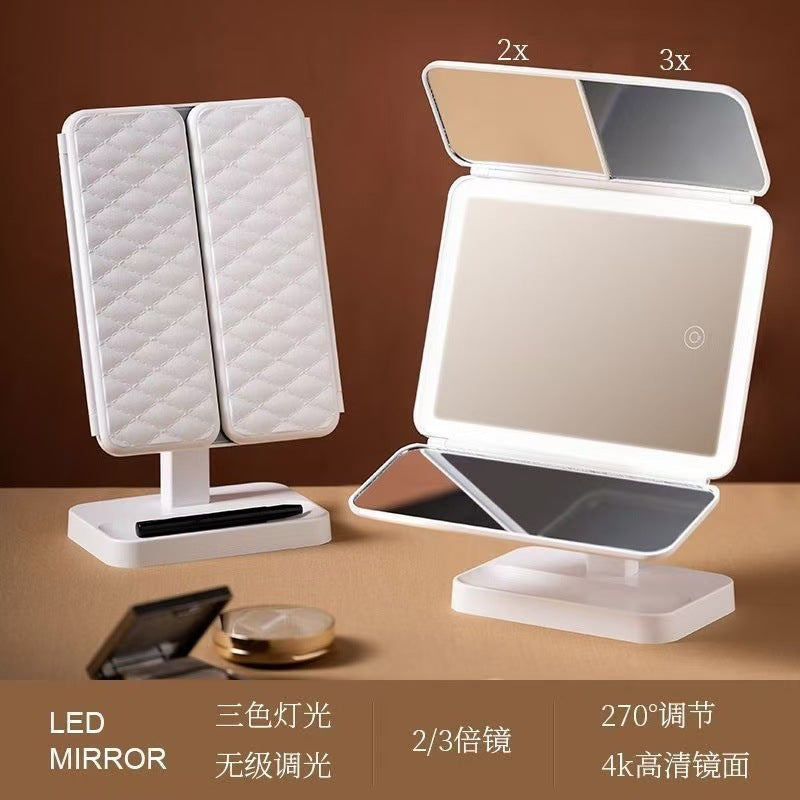 Led Desktop Shell Mirror with Three-Sided Storage Box, Foldable Makeup Mirror with Light, Adjustable Desktop Makeup Mirror - image 2