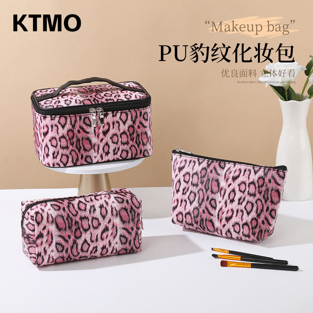 Korean Style Pu Leopard Print Makeup Bag, Retro Portable Large-Capacity Toiletry Bag, Fashionable Multi-Functional Storage Bag, Cross-Border - image 1