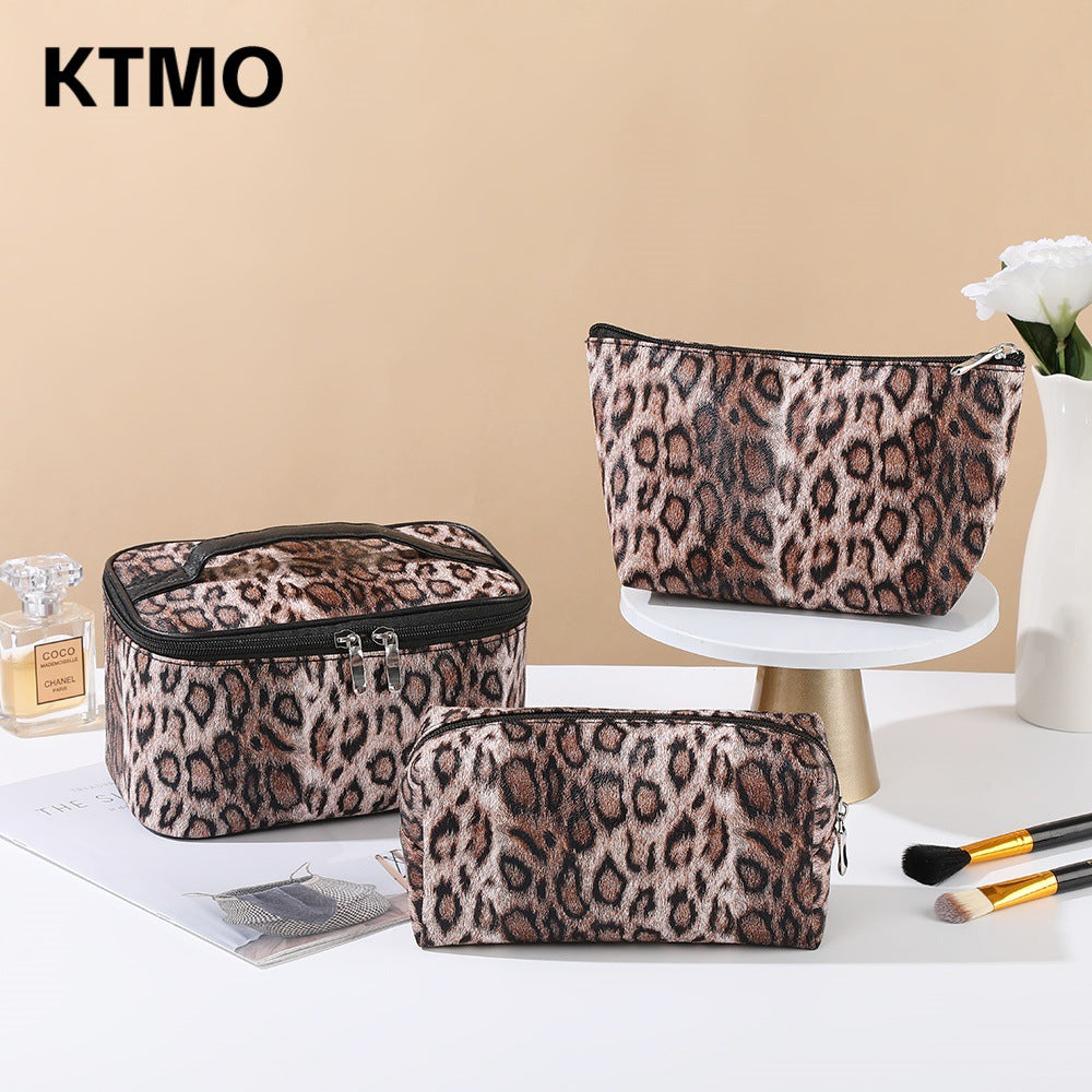 Korean Style Pu Leopard Print Makeup Bag, Retro Portable Large-Capacity Toiletry Bag, Fashionable Multi-Functional Storage Bag, Cross-Border - image 2