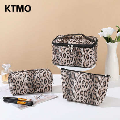 Korean Style Pu Leopard Print Makeup Bag, Retro Portable Large-Capacity Toiletry Bag, Fashionable Multi-Functional Storage Bag, Cross-Border - image 3