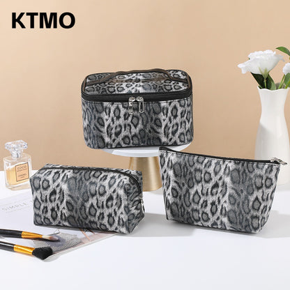 Korean Style Pu Leopard Print Makeup Bag, Retro Portable Large-Capacity Toiletry Bag, Fashionable Multi-Functional Storage Bag, Cross-Border - image 4