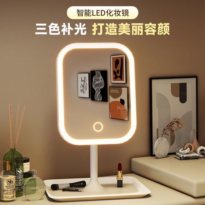 Led Makeup Mirror with Lamp Desktop Internet Celebrity Women's Small Mirror Ins Style Dormitory Desktop Portable Small Dressing Mirror - image 3