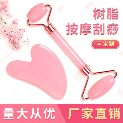 Pink Crystal Roller Massager Set, Non-Jade Double-Headed Massage Stick, Facial Beauty Board, Manual Stick, Portable - image 1