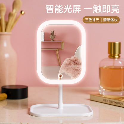 New Cross-Border Led Tray Square and Round Cosmetic Mirror Rechargeable Fill-In Light Mirror Table Desktop Touch Three-Position Dimming - image 1