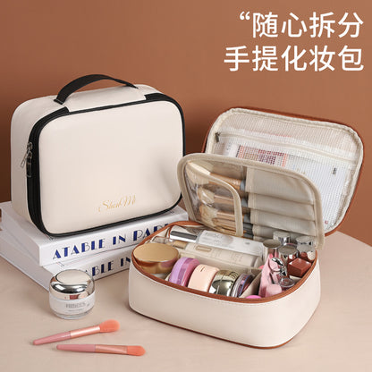 Three-in-One Multi-Functional Partition Storage PU Cosmetic Bag Large Capacity Advanced Sense Portable Cosmetic Brush Storage Bag - image 2